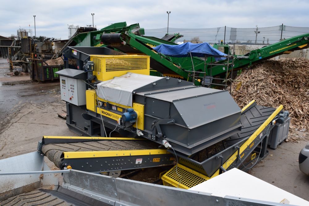 Magnapower Eddy Current Separator in operation, separating non-ferrous metals from waste stream data-large-image=