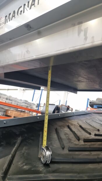 Custom overband crossbelt magnetic separator above conveyor belt removing ferrous materials