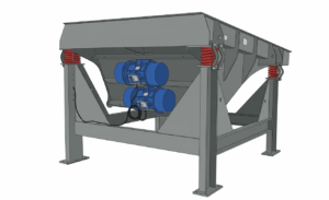 Rendered vibratory feeder for controlled material handling and consistent product flow in recycling and bulk material processing applications.